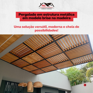 Pergolado em estrutura metálica em modelo brise na madeira O pergolado em estrutura metálica no modelo brise é uma solução versátil, moderna e cheia de possibilidades.