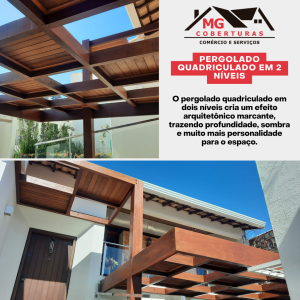 Pergolado quadriculado em 2 níveis. Um projeto que chama atenção pelo design e pelos detalhes. Mais um projeto executado com qualidade pela MG Coberturas.