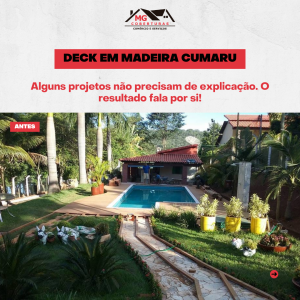 Deck em madeira cumaru. A madeira cria caminhos, conecta espaços e valoriza cada detalhe ao redor, transformando a área externa em um ambiente muito mais agradável de viver.