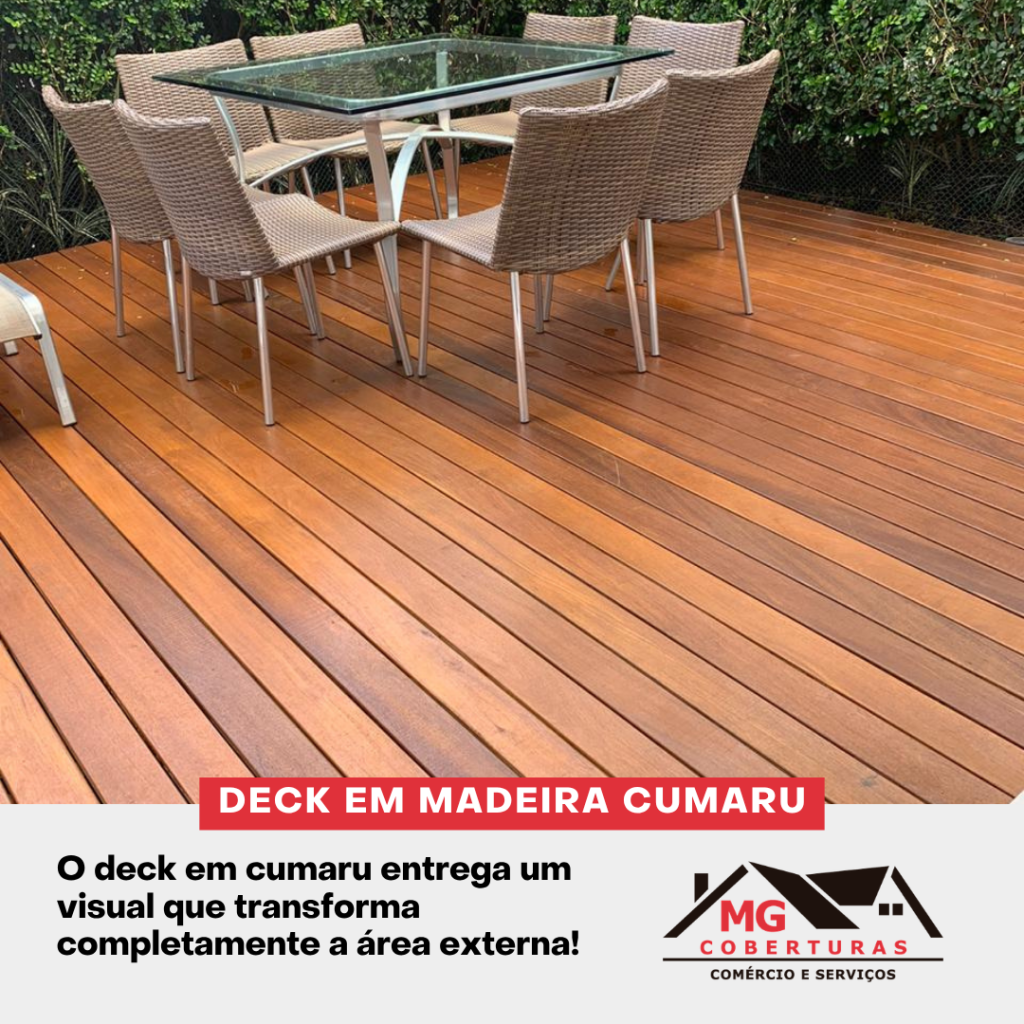 Deck em Madeira Cumaru O deck em cumaru entrega um visual que transforma completamente a área externa Entre em contato com a MG Coberturas