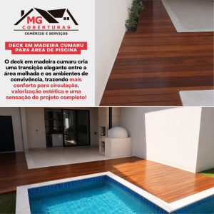 Deck em madeira cumaru para área de piscina Quem investe em uma área de lazer sabe que não basta ter uma piscina bonita. O entorno precisa acompanhar o mesmo padrão.