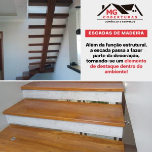 Escada em madeira cumaru. Além da função estrutural, a escada passa a fazer parte da decoração, tornando-se um elemento de destaque dentro do ambiente.