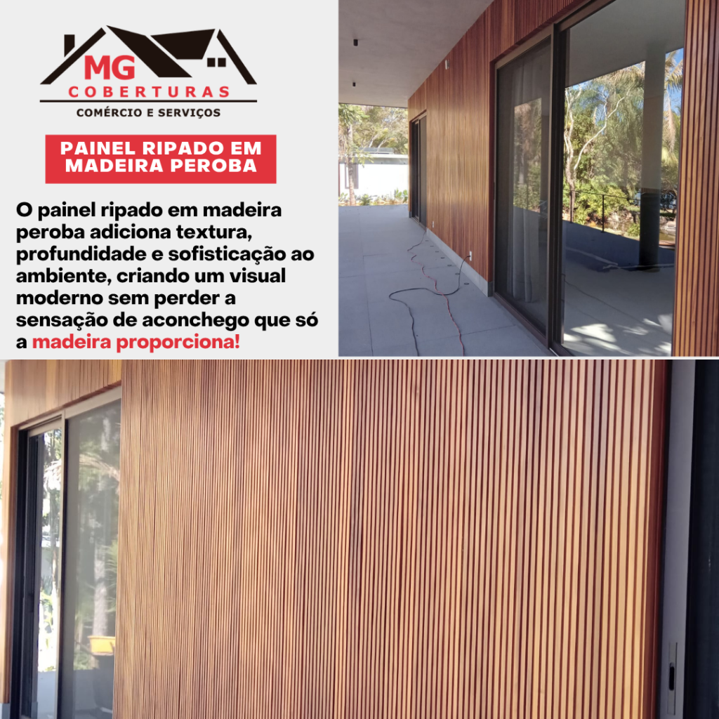 Painel ripado em madeira peroba O painel ripado em madeira peroba adiciona textura, profundidade e sofisticação ao ambiente, criando um visual moderno sem perder a sensação de aconchego que só a madeira proporciona.